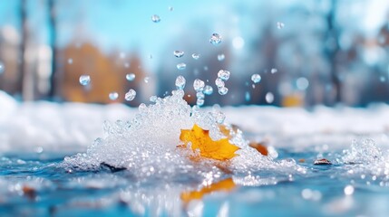Frozen autumn leaf in a puddle. Water droplets splashing on snow-covered ground