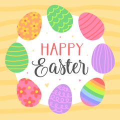 Happy Easter. Cute card for Easter. Various colored Easter eggs with patterns on a yellow background.	