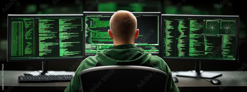 Poster person analyzing data on multiple monitors in dark environment