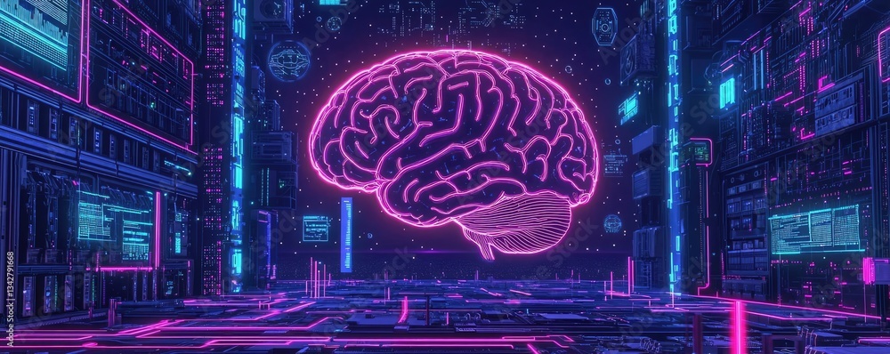 Poster artificial intelligence computing and brain network concept. futuristic digital brain in a neon envi