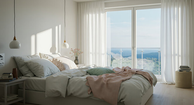 White couch with colorful pillows and a plant, perfect for interior design blogs, home decor websites, and lifestyle magazines. Suitable for social media posts and website banners.