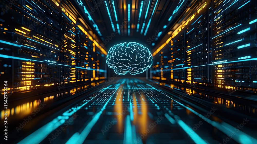 Poster artificial intelligence cyberspace and data network concept. futuristic visualization of a brain wit