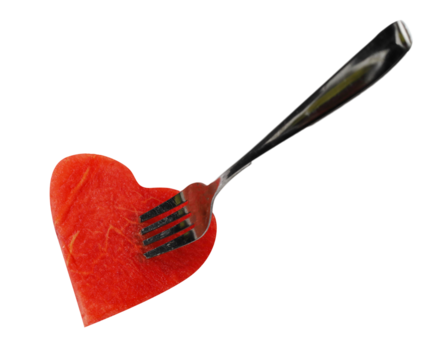 heart shape watermelon with fork in transparent background