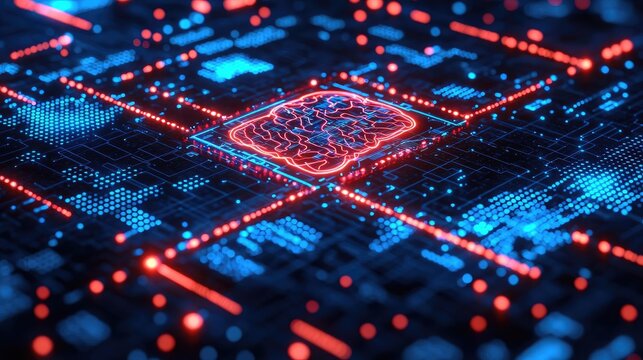 Artificial intelligence brain network and database concept. Vibrant circuit board design showcasing advanced computing.