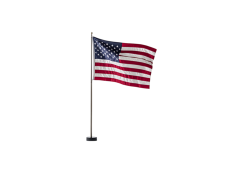 American Flag on Pole Waving Against Black Background - Digital Render On Isolated White Background