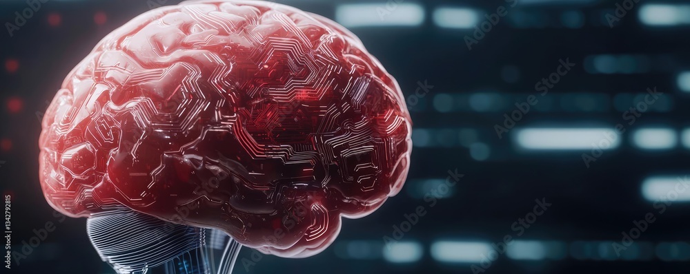 Poster artificial intelligence brain network and database concept. a detailed view of a futuristic digital 
