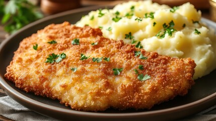 A golden, crispy schnitzel, its breaded surface glistening with oil, nestled alongside fluffy mashed potatoes, a classic comfort dish perfect for a cozy meal.