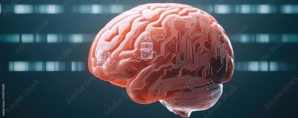 Poster artificial intelligence brain network and database concept. 3d illustration of a human brain with di