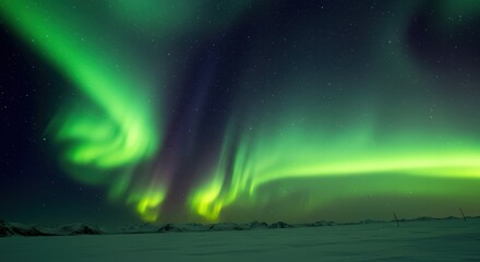 Naklejka premium Stunning aurora borealis illuminates the night sky over a snowy landscape