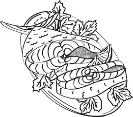 Vintage vector illustration. Salmon dish with lemon and herbs. Elegant vintage template with hand drawn salmon pieces with parsley leaves for invitations, menu.