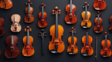 Naklejka premium Collection of Violins Displayed on a Dark Background