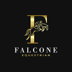 Elegant Luxury Abstract Line Letter F Monogram Horse Jump Alphabet Logo, Show Jumping Logo, Horse Jump, Typography