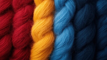 Vibrant strands of colorful wool yarn in various shades