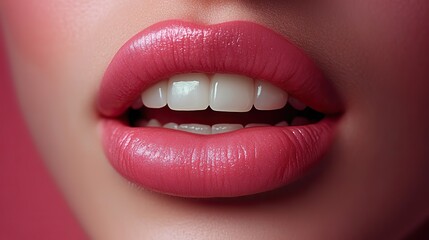 Obraz premium Perfect pink lips, slightly open, reveal white teeth, showing cosmetic enhancements