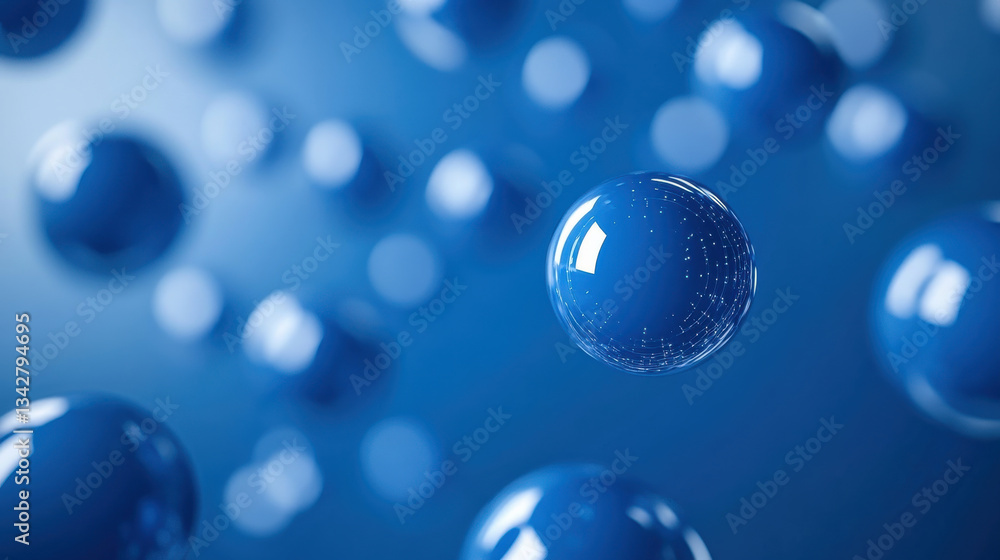 Poster dynamic blue spheres with glossy finish floating in soft background