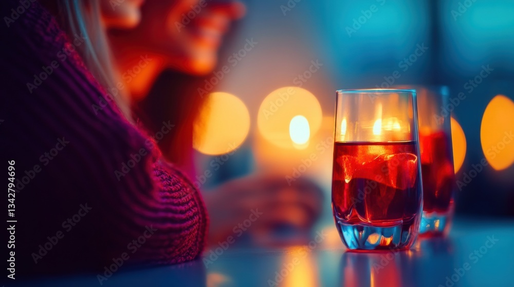 Aufkleber two friends engage in conversation while sipping drinks illuminated by candlelight, creating a warm 
