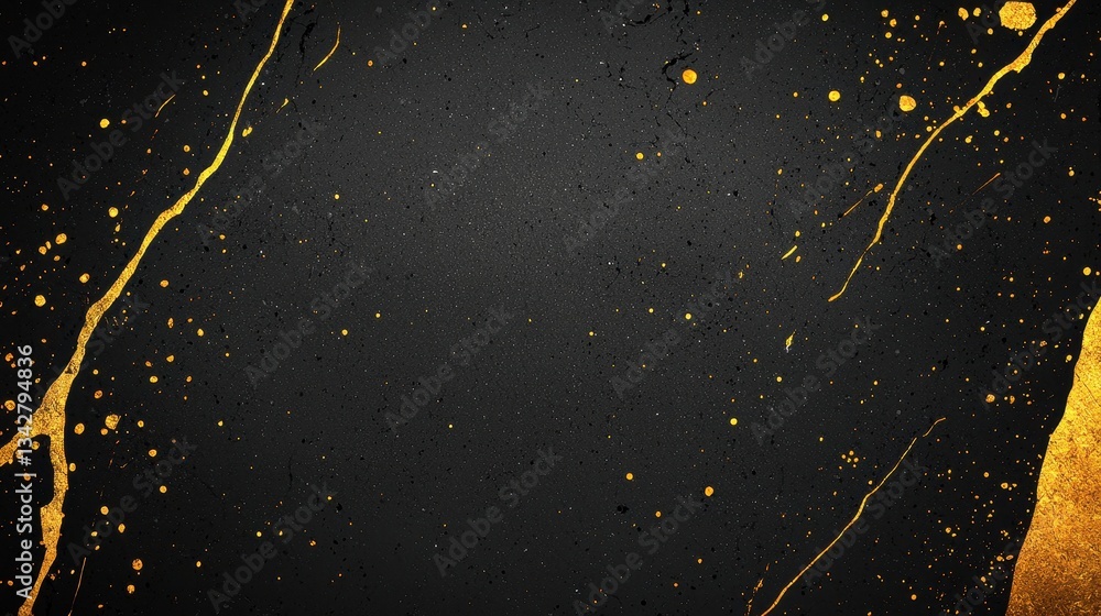 Poster abstract dark background with golden paint splashes and texture