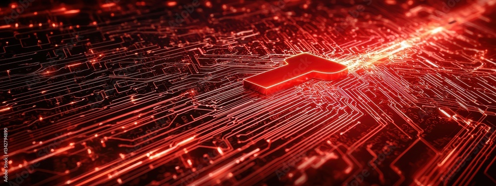 Poster dynamic red circuitry background with illuminated technology elements