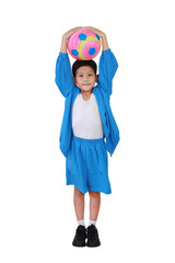 Asian boy kid in blue hood head clothes or sportswear standing and holding football isolated on white background. Image full length with clipping path.