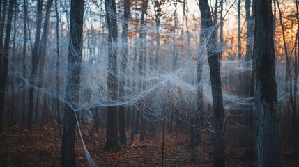 Mystical Forest: A Spooky Scene with Spiderwebs and Autumnal Hues