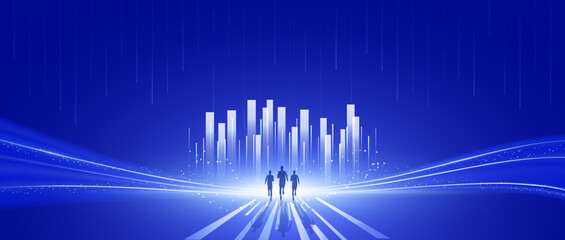 Running towards the future city abstract blue background