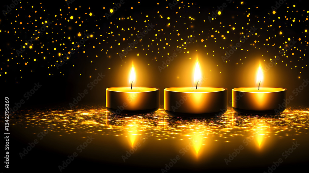 Poster three elegant candles with gold sparkles creating a luxurious and charming atmosphere on a table for