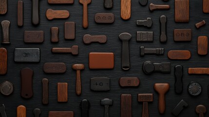 Fototapeta premium Assorted wooden tools and blocks arranged on a dark surface