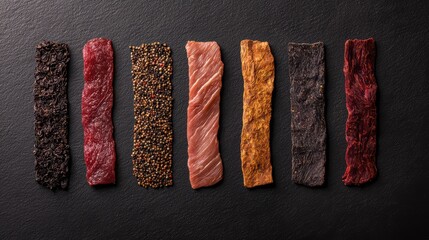 Assorted jerky strips with spices on a dark background