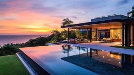 Fototapeta premium Luxurious Modern Villa with Glass Pool Overlooking Ocean Sunset in Tropical Paradise, Ultimate Coastal Retreat