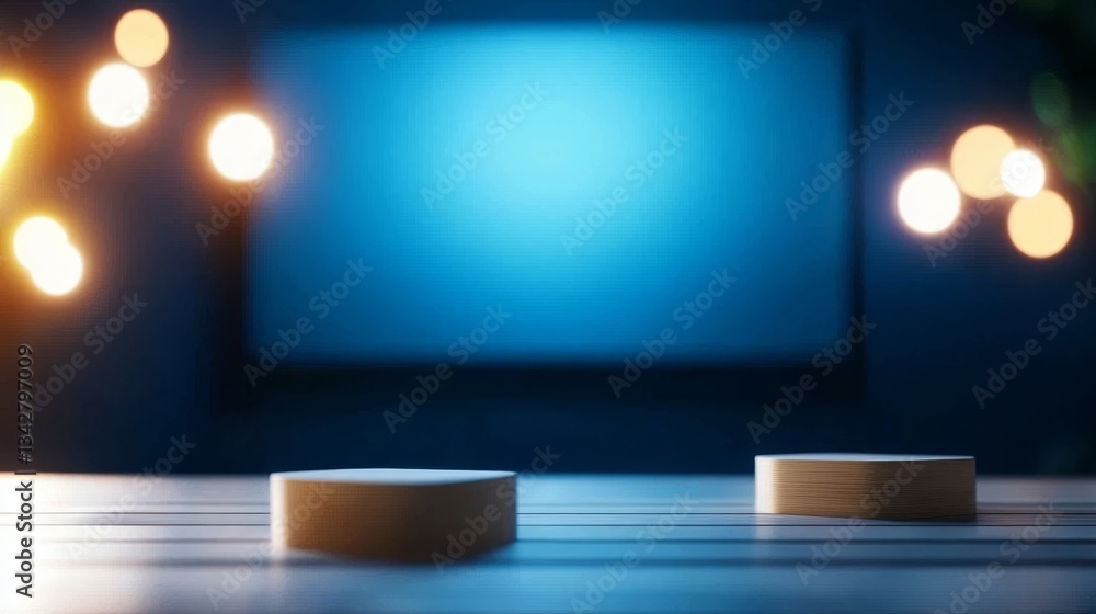 Poster a dimly lit scene featuring two circular wooden objects on a table, with a soft blue background and 