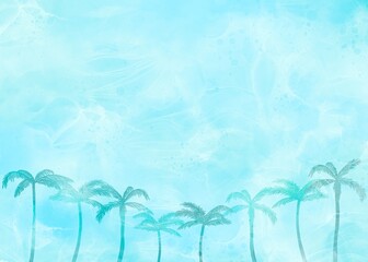 水面に並んだヤシの木のシルエットが映る涼しげな海イラスト。南の島のバカンスをイメージしたフレーム。