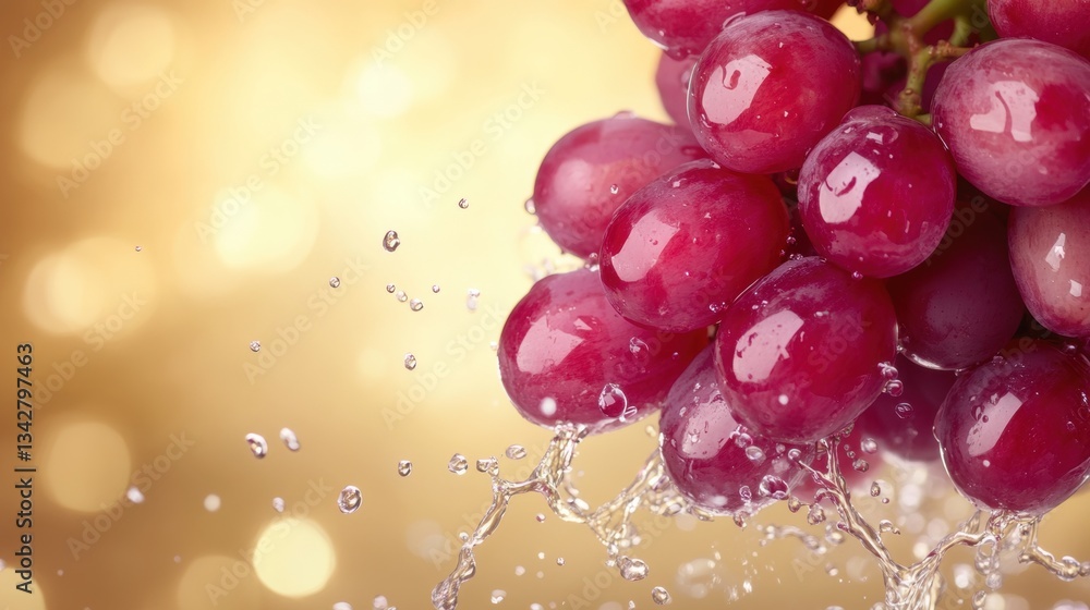 Aufkleber red grapes are shown with water droplets splashing around them against a glowing golden background, 