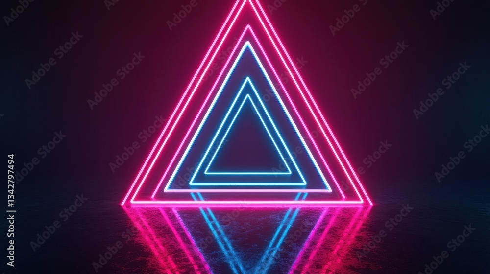 Poster neon triangle lights with reflection in a dark background
