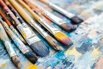 Obraz premium Many paintbrushes rest on paint splattered palette; art, design, craft background