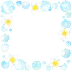 プルメリアと水しぶきの爽やかなサマーフレーム。夏の楽しさが溢れる水彩風イラスト。