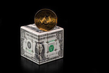 Bitcoin coin and $1 bill cube puzzle