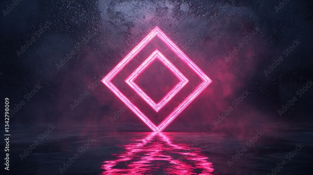 Poster neon geometric shape with reflection in dark atmospheric setting