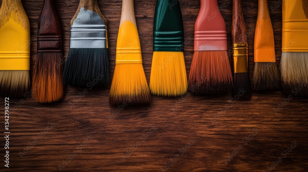 Poster a collection of paintbrushes with different bristle types and vibrant colors lined up on a polished 