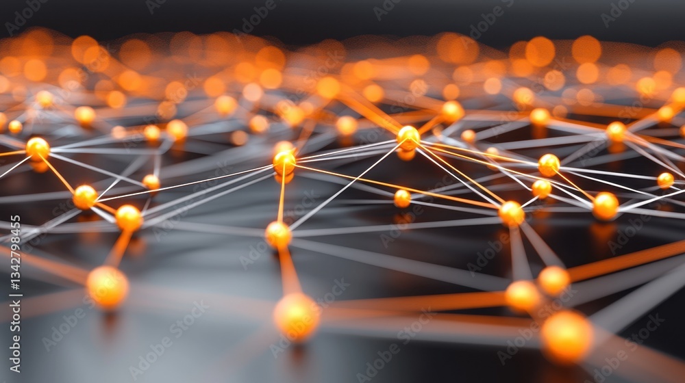 Poster abstract digital connection network with orange and white nodes