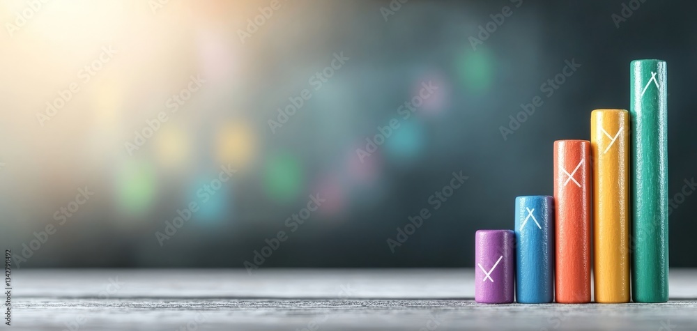 Poster a colorful bar chart made of cylindrical shapes, representing data or growth in a modern and minimal