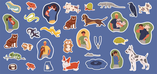  Pet sticker pack, cute adorable animals, dogs, cats, reptiles, amphibians, crows, rodents, pet products, owners hugging their animals, hand drawn vector illustration.