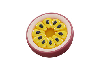 Obraz premium Passion fruit half showing pulp and seeds against white backdrop