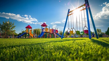 Vibrant playground in sunny park. Children enjoy swings and colorful play structures on a grassy field