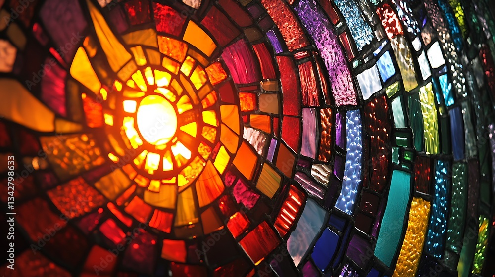 Poster colorful stained glass with a light source creating abstract patterns