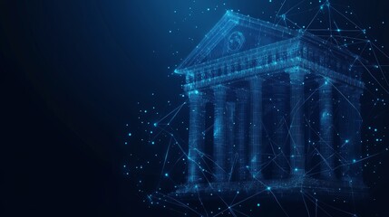 Low poly wireframe vector illustration of bank icon in low poly on dark blue technology background, copy space. 
