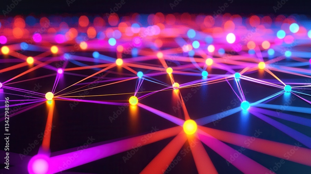 Aufkleber colorful abstract network of nodes and lines with vibrant glow
