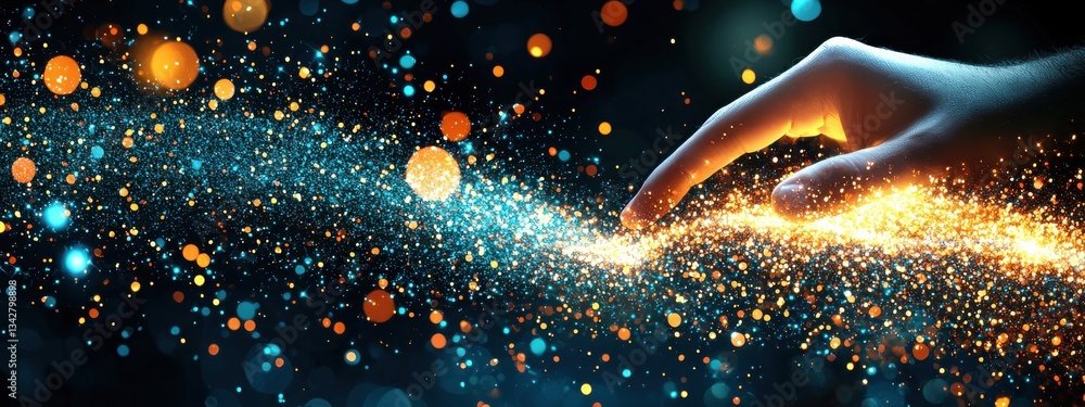 Poster hand reaching towards colorful particles in dynamic abstract scene