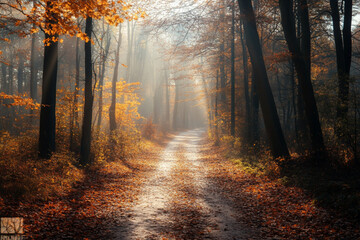 Fototapeta premium There is a path that is lined with trees in the fall