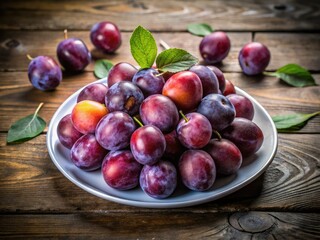 Fototapeta premium Overhead view: plump, fresh plums arranged artfully on a white plate against weathered wood.