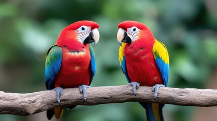 Vibrant macaws on a branch.  Two colorful parrots perched on a weathered branch, showcasing a striking display of red, yellow, and blue plumage.  